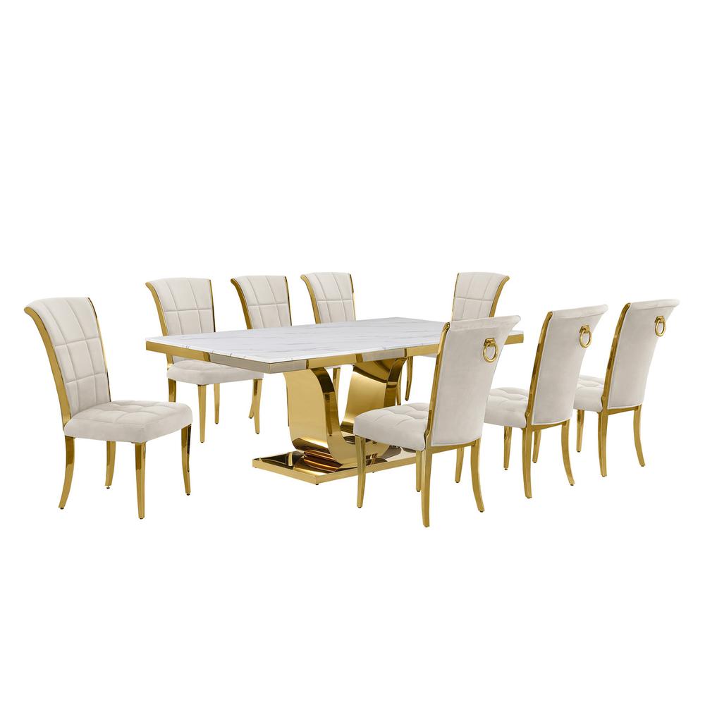 9pc Large(78") marble top dining set with gold base and 8 Cream side chairs. Picture 1