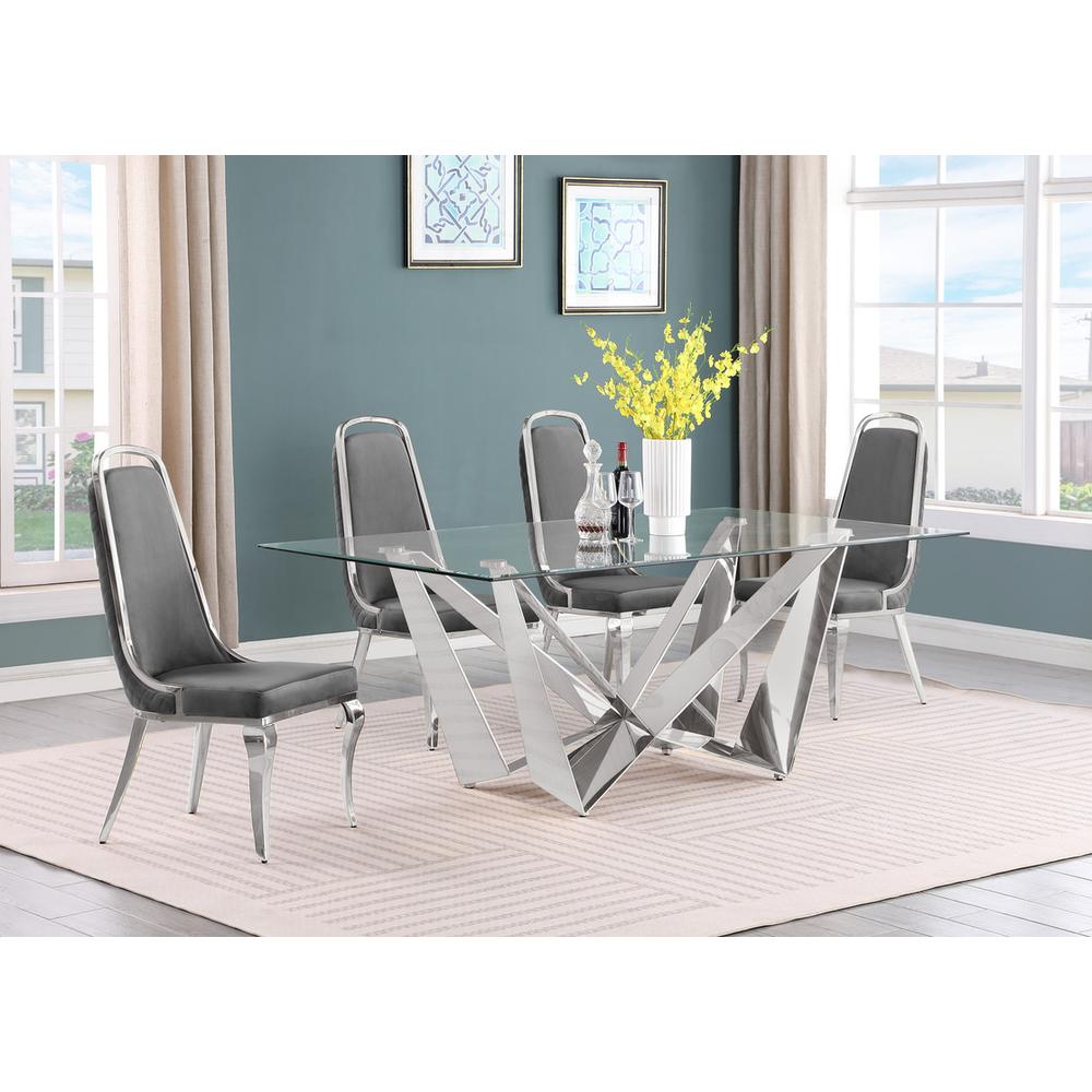 5pc Small(78") glass dining set with silver base and 6 Dark grey side chairs. Picture 4