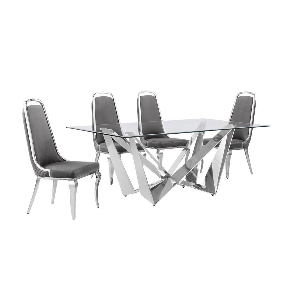5pc Small(78") glass dining set with silver base and 6 Dark grey side chairs. Picture 1