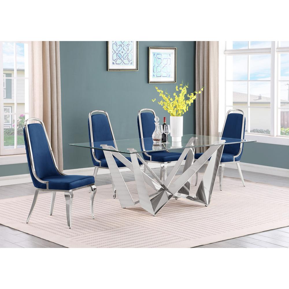 5pc Small(78") glass dining set with silver base and 6 Navy blue side chairs. Picture 4