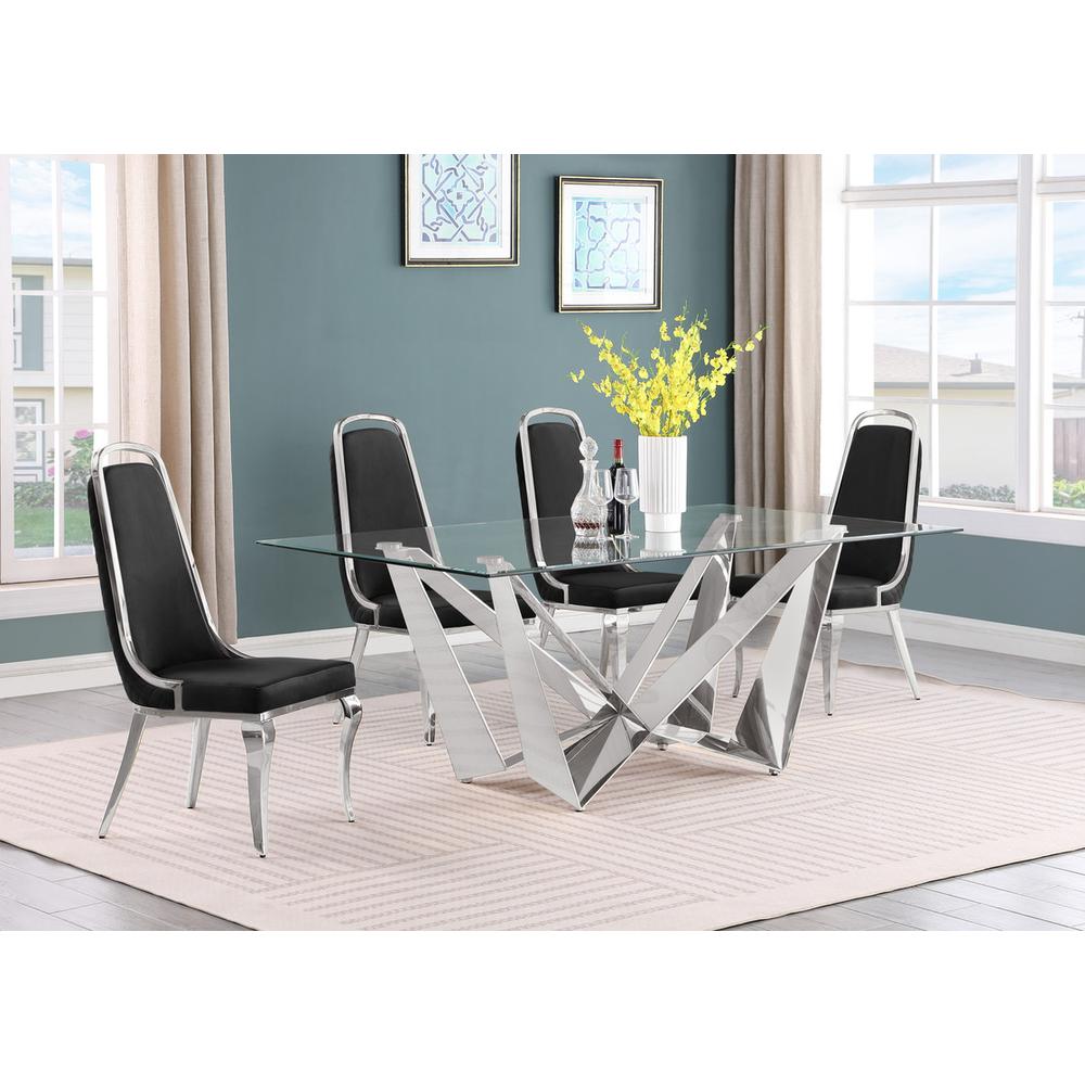 5pc Small(78") glass dining set with silver base and 6 Black side chairs. Picture 4