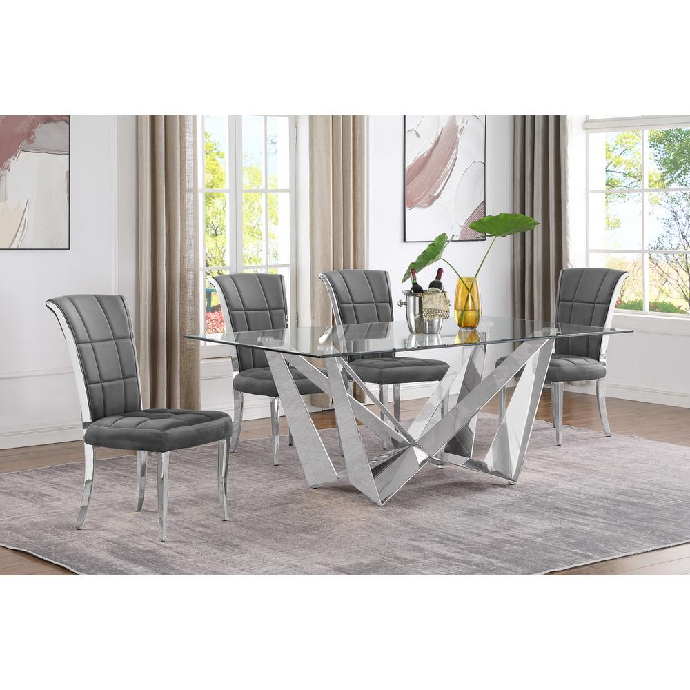 5pc Small(78") glass dining set with silver base and 4 Dark grey side chairs. Picture 4