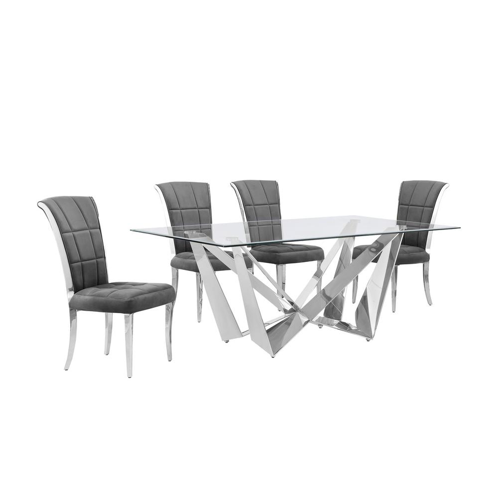 5pc Small(78") glass dining set with silver base and 4 Dark grey side chairs. Picture 1