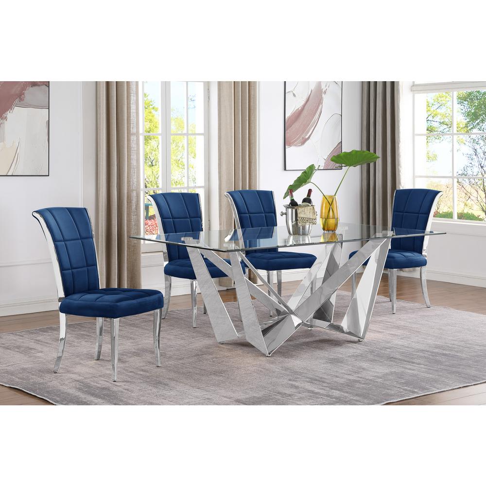 5pc Small(78") glass dining set with silver base and 4 Navy blue side chairs. Picture 4