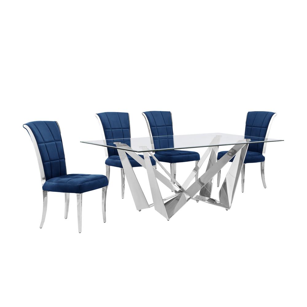 5pc Small(78") glass dining set with silver base and 4 Navy blue side chairs. Picture 1