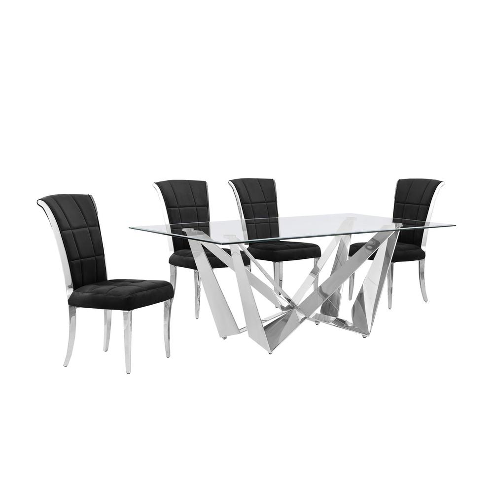 5pc Small(78") glass dining set with silver base and 4 Black side chairs. Picture 1