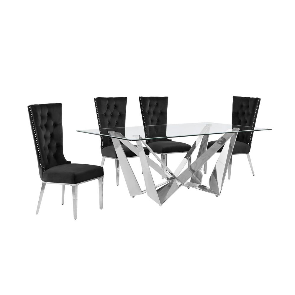 5pc Small(78") glass dining set with silver base and 4 Black side chairs. Picture 1