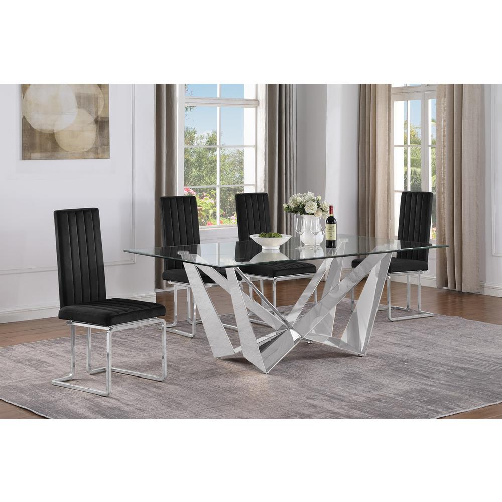 5pc Small(78") glass dining set with silver base and 4 Black side chairs. Picture 4