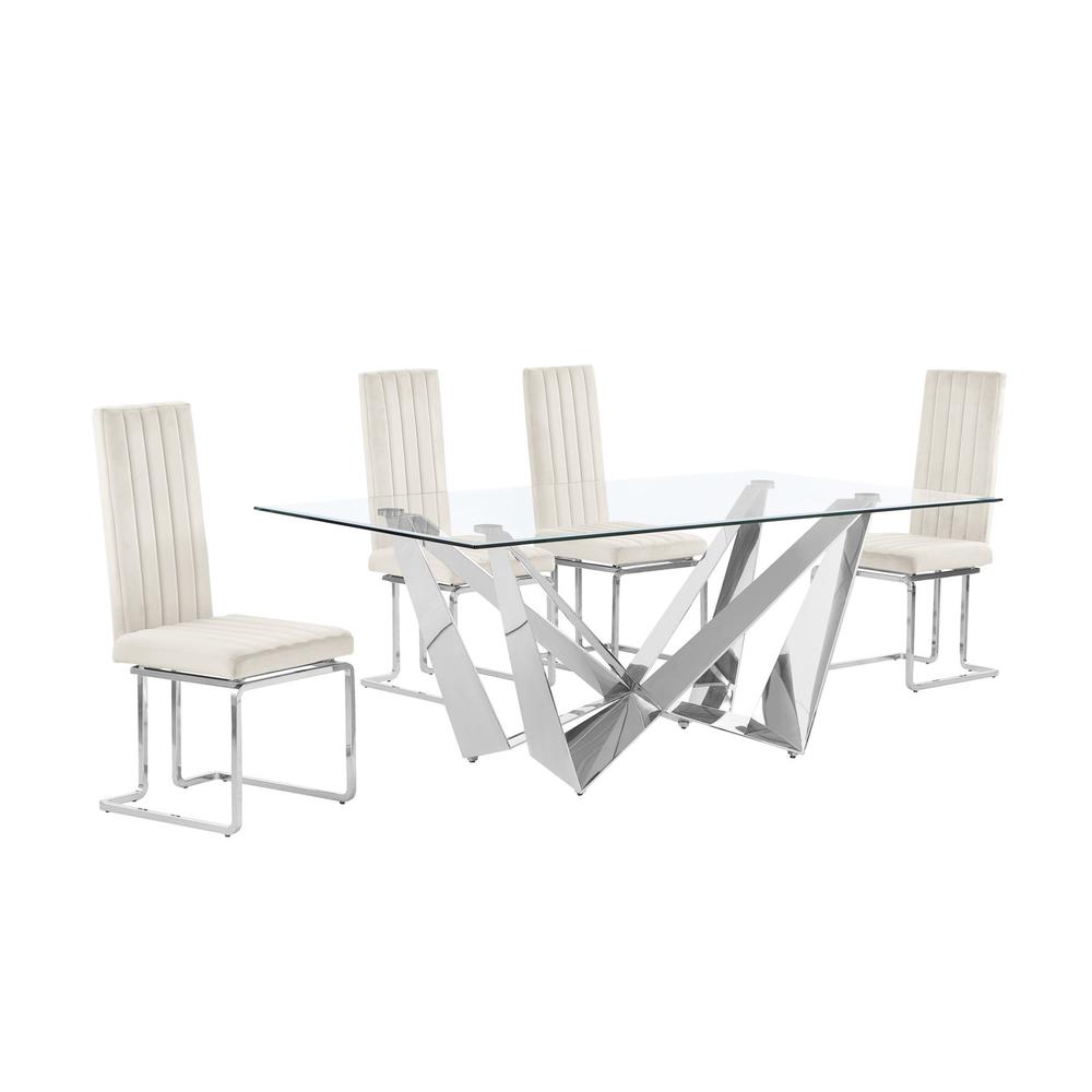 5pc Small(78") glass dining set with silver base and 4 Cream side chairs. Picture 1
