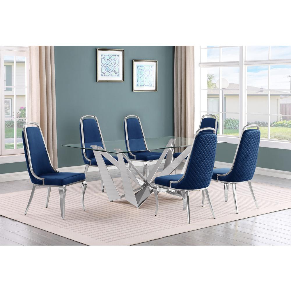 7pc Small(78") glass dining set with silver base and 6 Navy blue side chairs. Picture 4