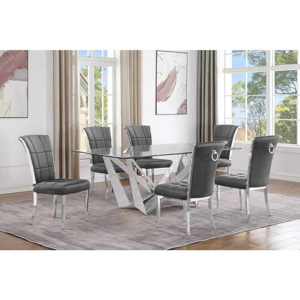 7pc Small(78") glass dining set with silver base and 6 Dark grey side chairs. Picture 4