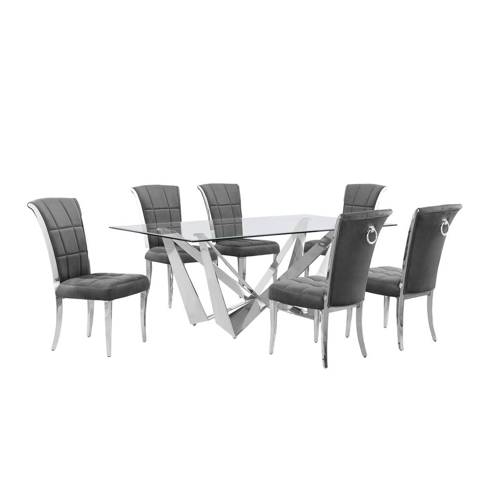 7pc Small(78") glass dining set with silver base and 6 Dark grey side chairs. Picture 1