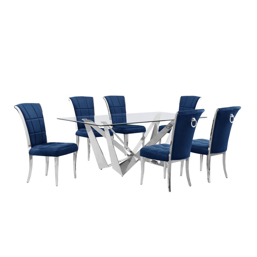 7pc Small(78") glass dining set with silver base and 6 Navy blue side chairs. Picture 1