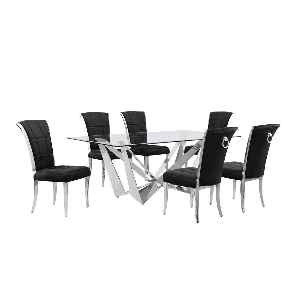 7pc Small(78") glass dining set with silver base and 6 Black side chairs. Picture 1