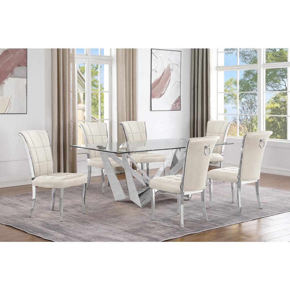 7pc Small(78") glass dining set with silver base and 6 Cream side chairs. Picture 4