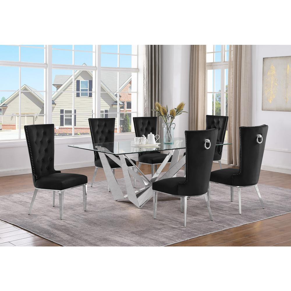 7pc Small(78") glass dining set with silver base and 6 Black side chairs. Picture 4