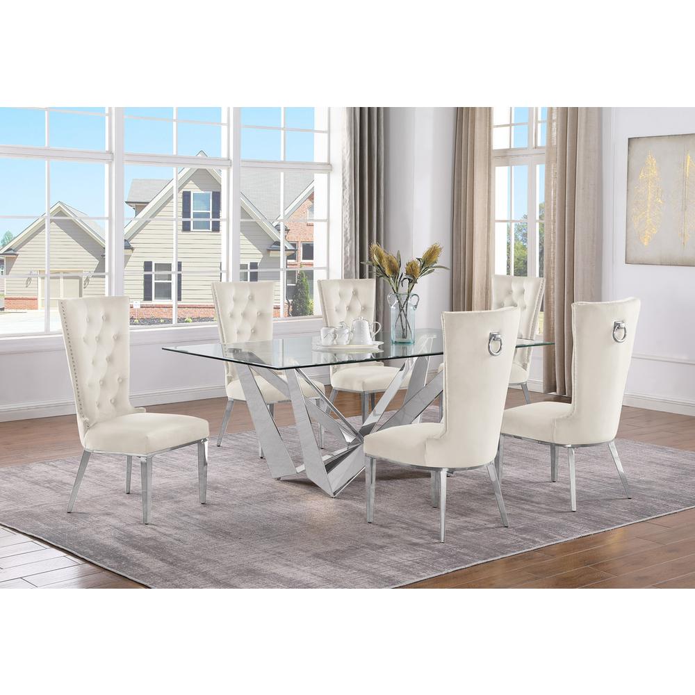 7pc Small(78") glass dining set with silver base and 6 Cream side chairs. Picture 4