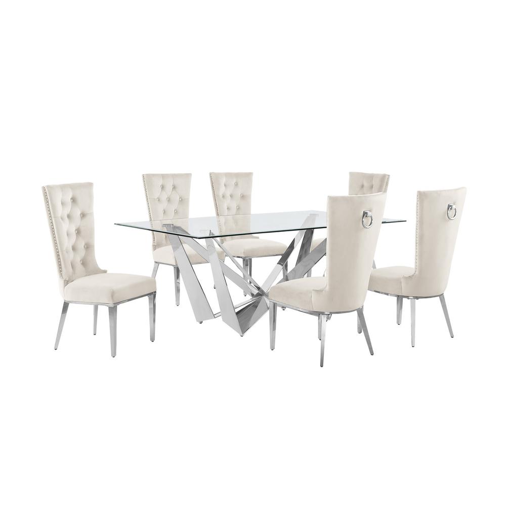 7pc Small(78") glass dining set with silver base and 6 Cream side chairs. Picture 1
