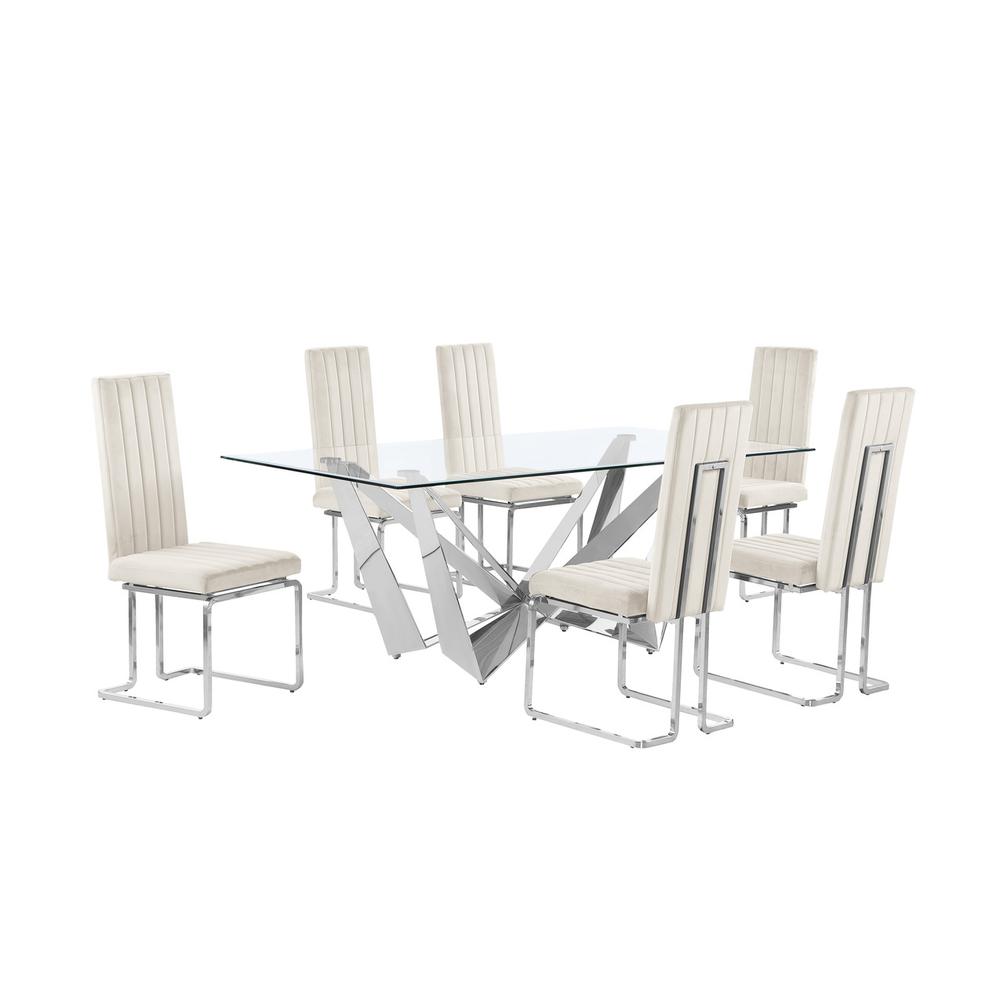7pc Small(78") glass dining set with silver base and 6 Cream side chairs. Picture 1