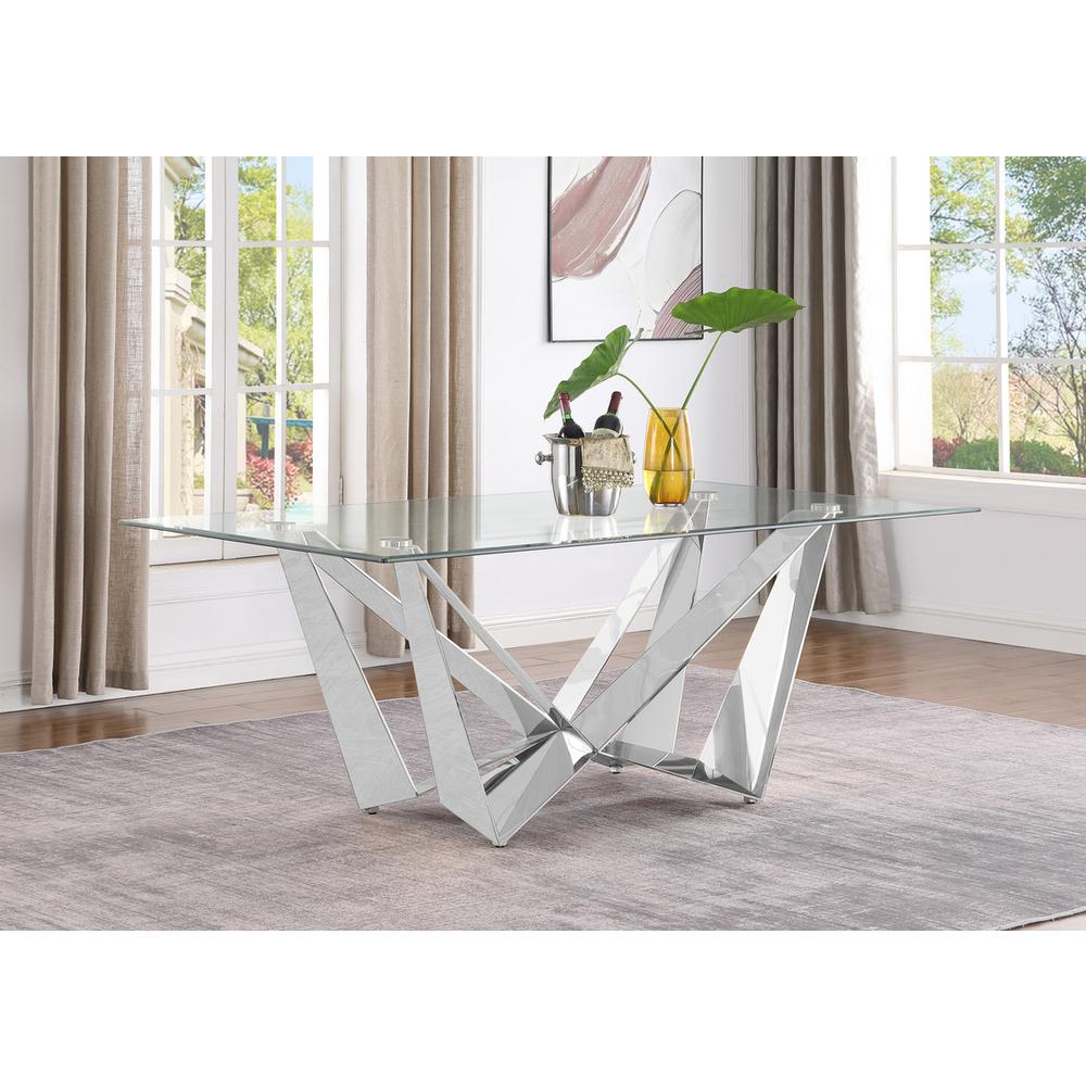 Small 78" Rectangular glass dining table with a silver stainless steel base. Picture 2