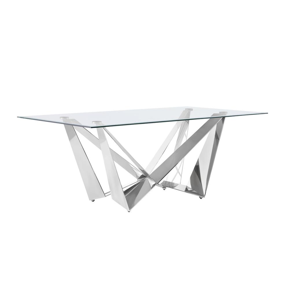 Small 78" Rectangular glass dining table with a silver stainless steel base. Picture 1