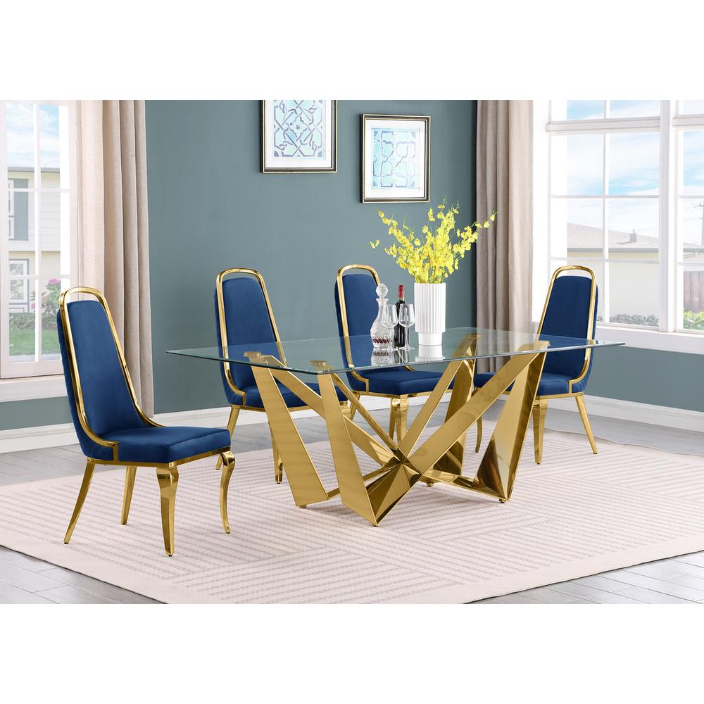 5pc Small(78") glass dining set with gold base and 6 Navy blue side chairs. Picture 4