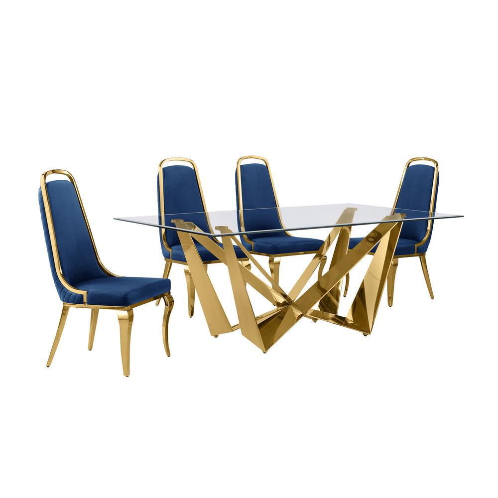5pc Small(78") glass dining set with gold base and 6 Navy blue side chairs. Picture 1