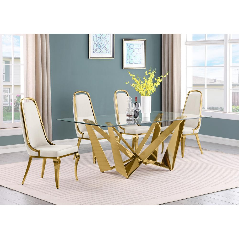 5pc Small(78") glass dining set with gold base and 6 Cream side chairs. Picture 4