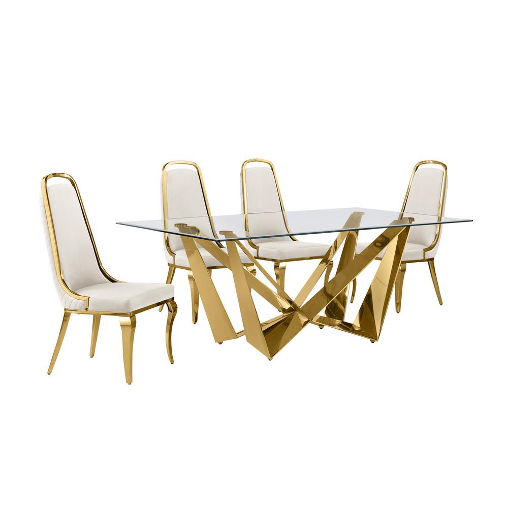 5pc Small(78") glass dining set with gold base and 6 Cream side chairs. Picture 1