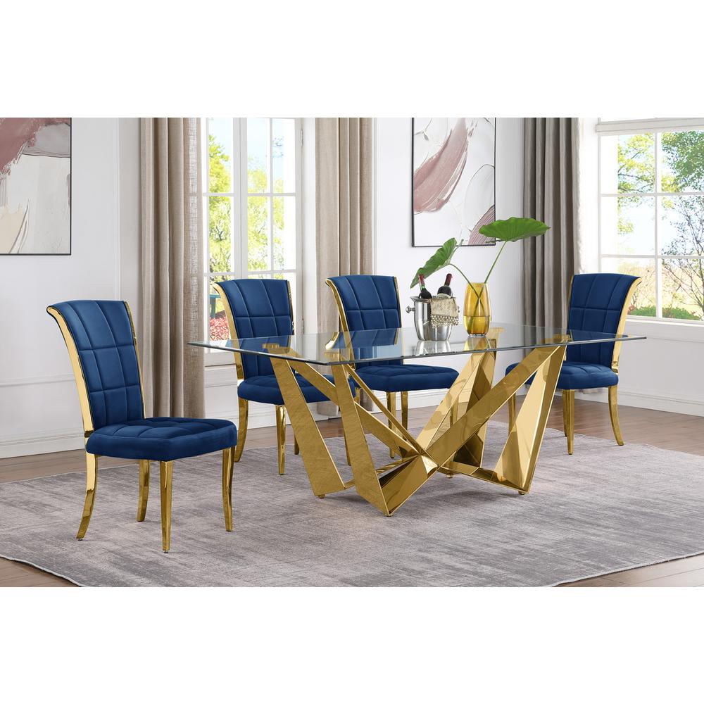 5pc Small(78") glass dining set with gold base and 6 Navy blue side chairs. Picture 4