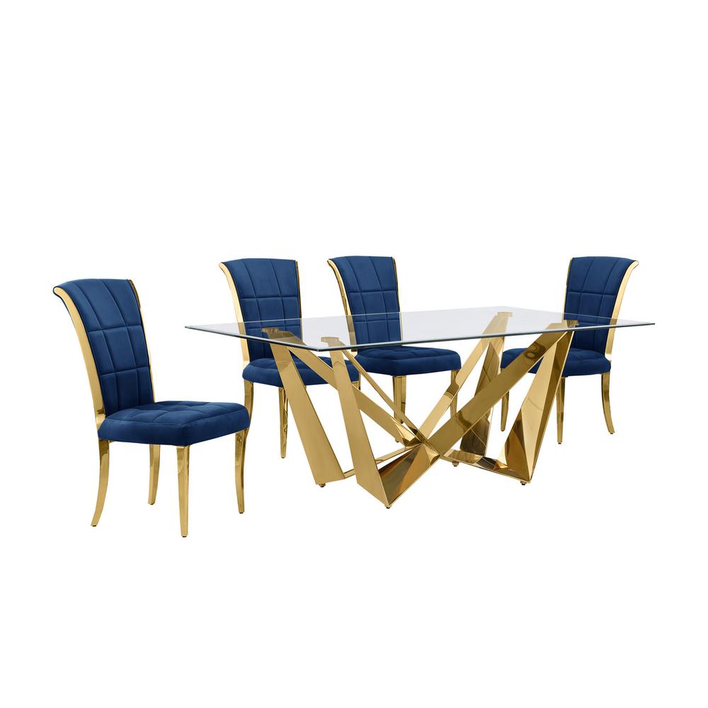 5pc Small(78") glass dining set with gold base and 6 Navy blue side chairs. Picture 1