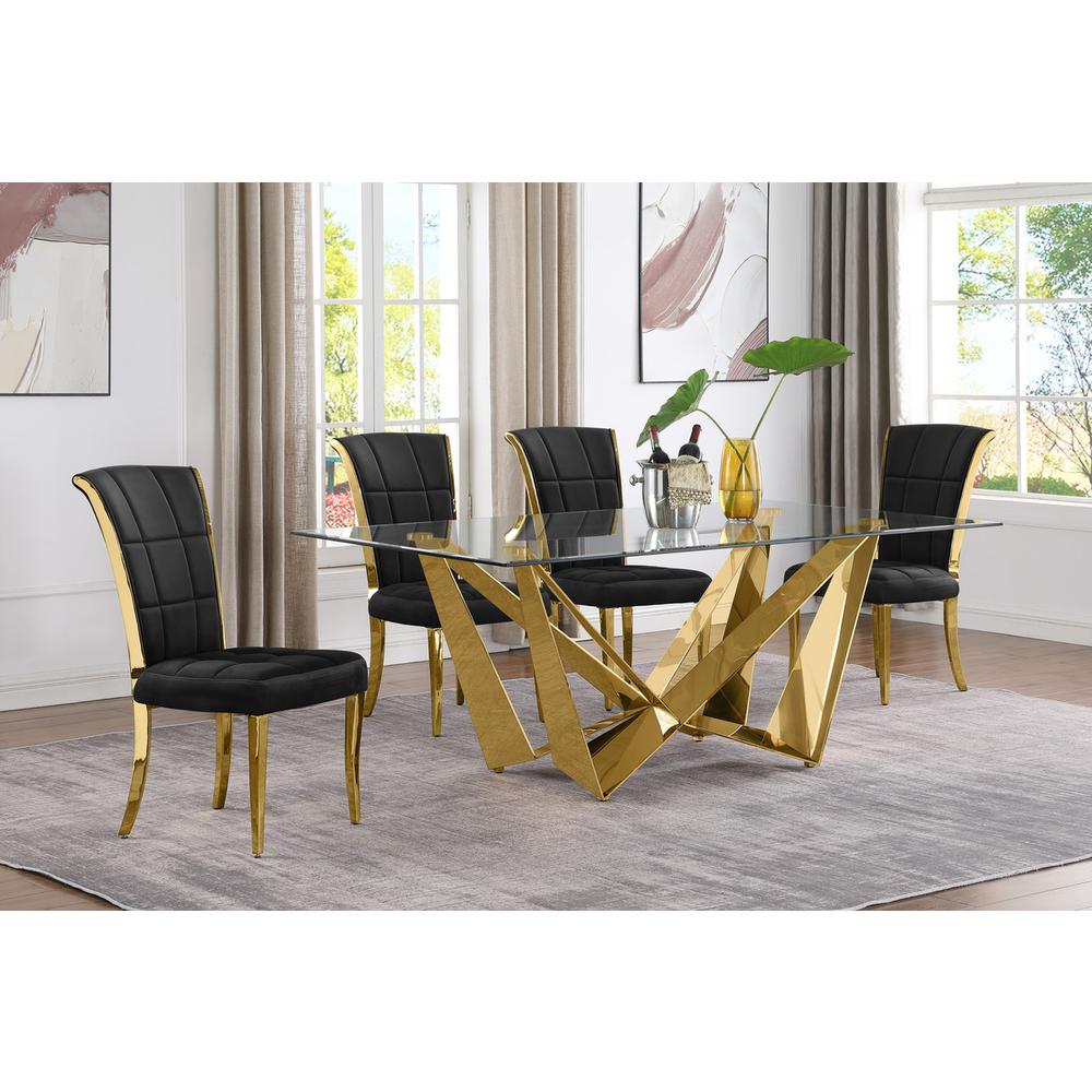 5pc Small(78") glass dining set with gold base and 6 Black side chairs. Picture 4