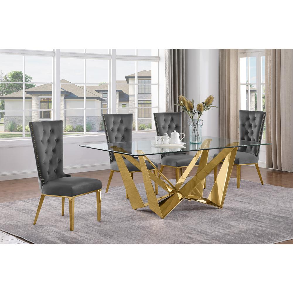 5pc Small(78") glass dining set with gold base and 6 Dark grey side chairs. Picture 4