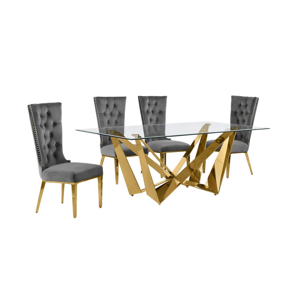 5pc Small(78") glass dining set with gold base and 6 Dark grey side chairs. Picture 1