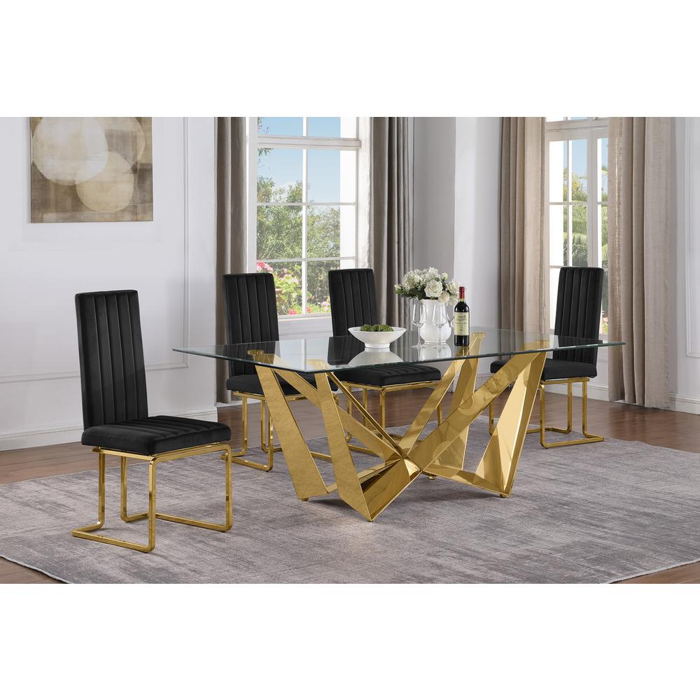 7pc Small(78") glass dining set with gold base and 4 Black side chairs. Picture 4