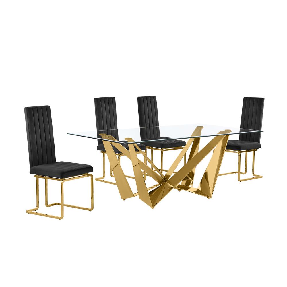 7pc Small(78") glass dining set with gold base and 4 Black side chairs. Picture 1