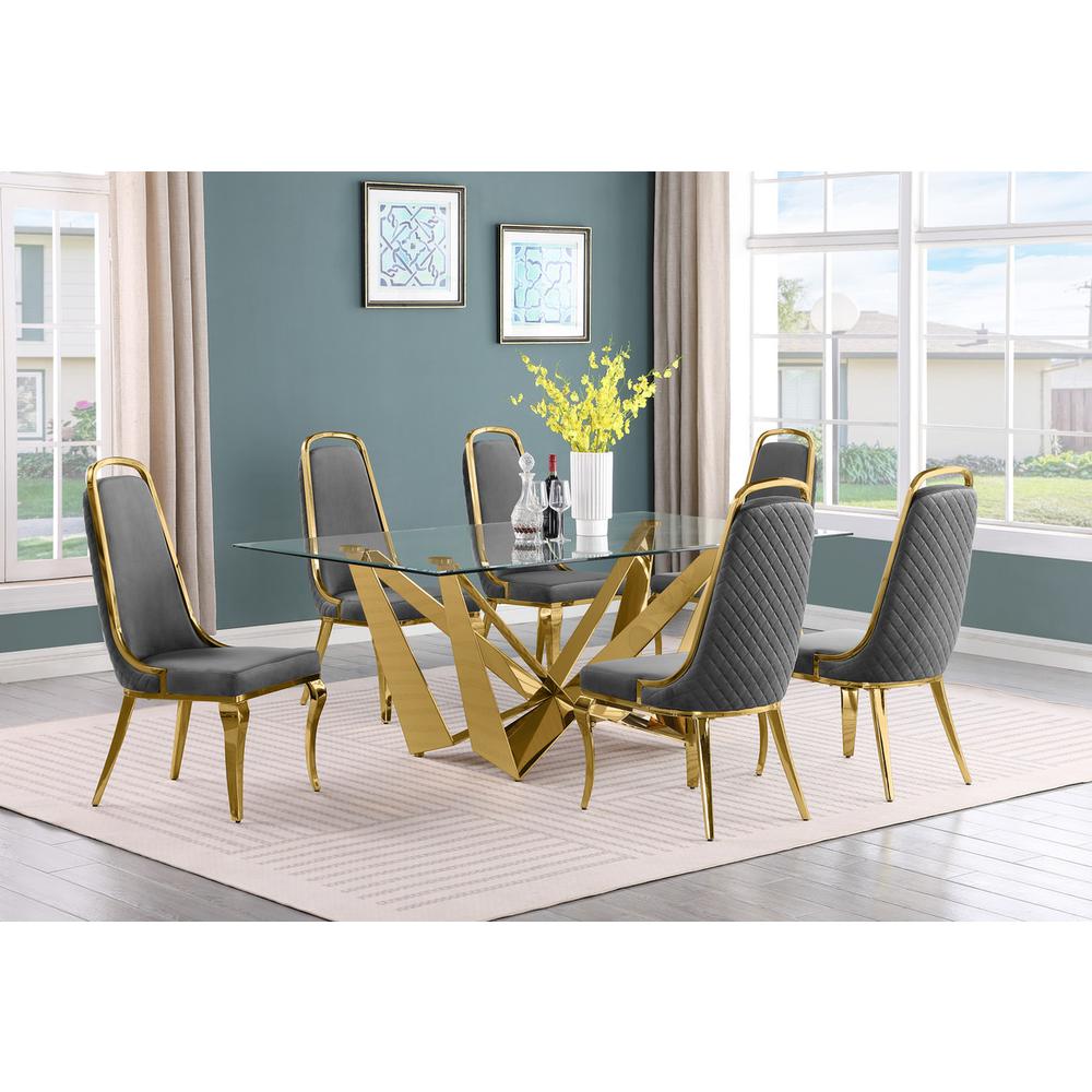 7pc Small(78") glass dining set with gold base and 6 Dark grey side chairs. Picture 4