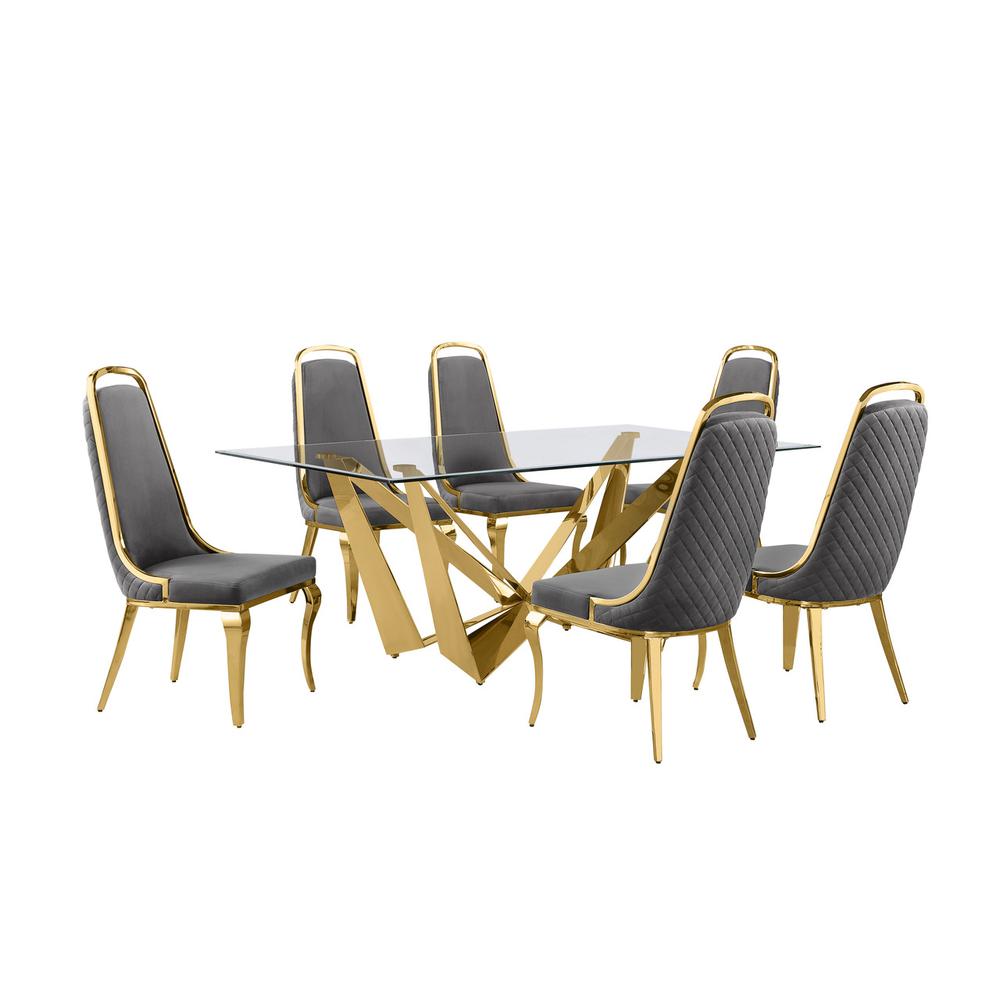 7pc Small(78") glass dining set with gold base and 6 Dark grey side chairs. Picture 1