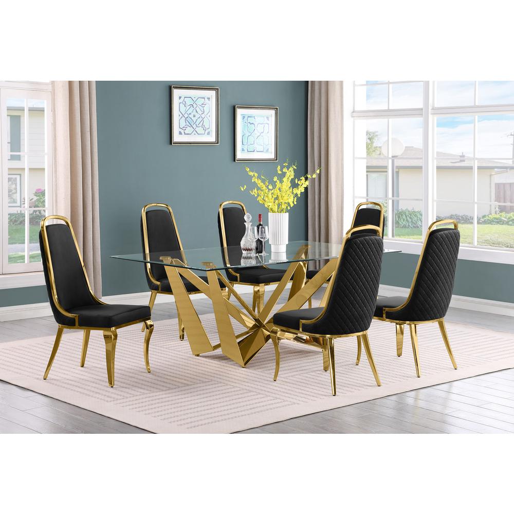 7pc Small(78") glass dining set with gold base and 6 Black side chairs. Picture 4