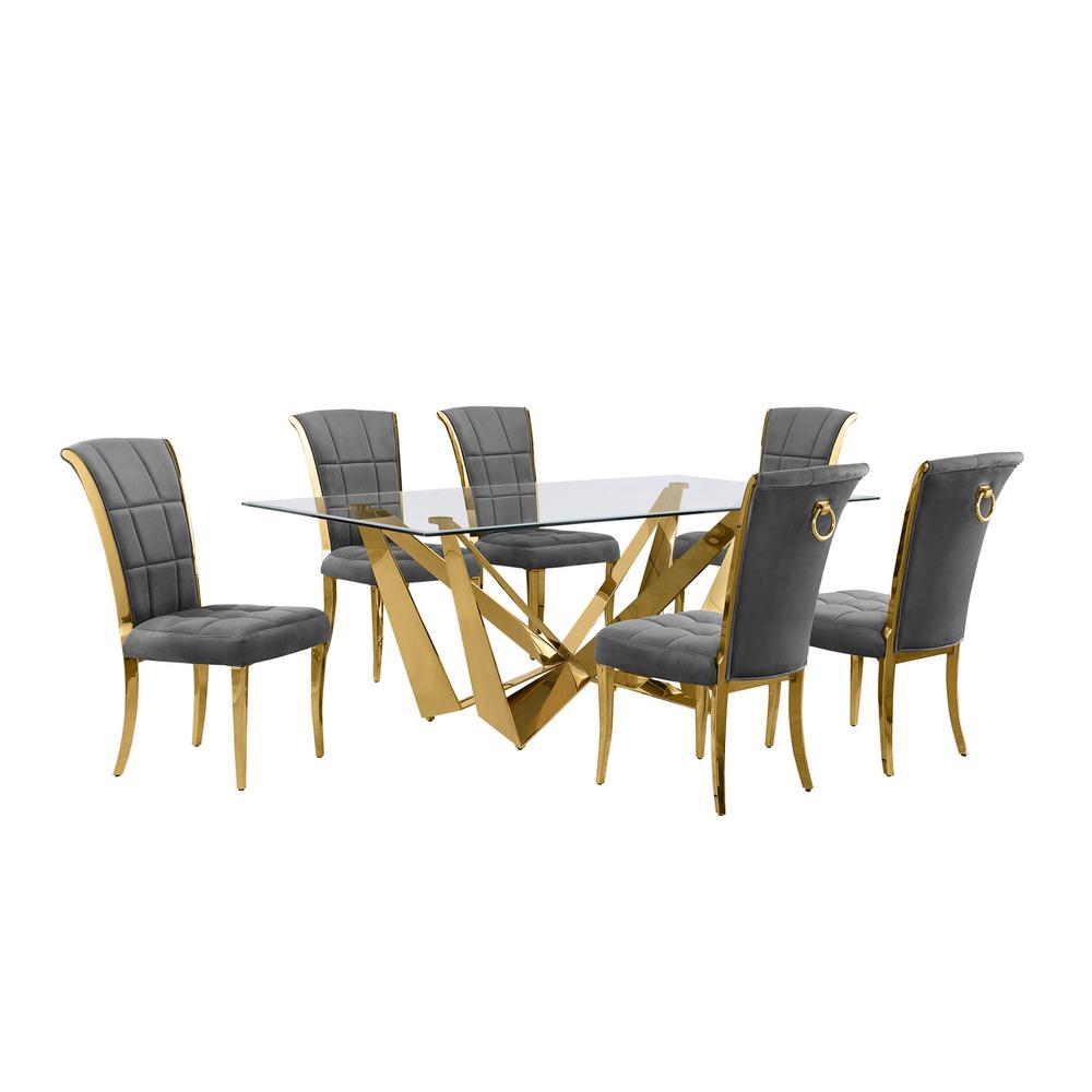 7pc Small(78") glass dining set with gold base and 6 Dark grey side chairs. Picture 1