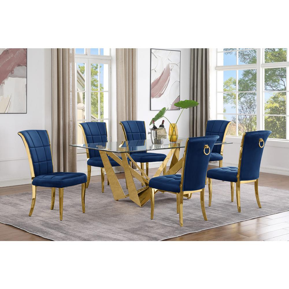 7pc Small(78") glass dining set with gold base and 6 Navy blue side chairs. Picture 4