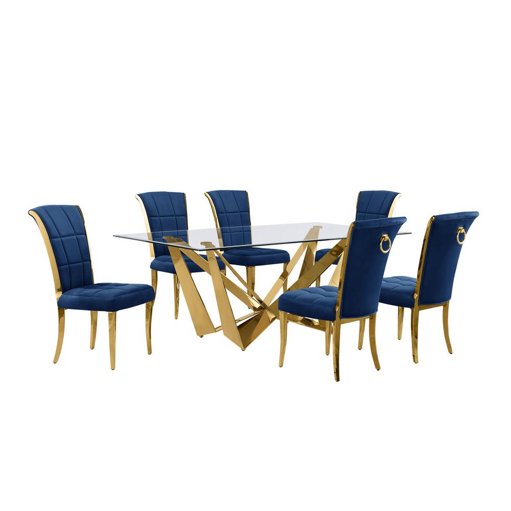 7pc Small(78") glass dining set with gold base and 6 Navy blue side chairs. Picture 1