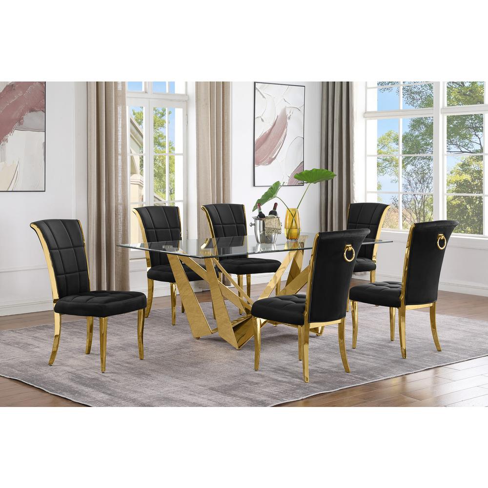 7pc Small(78") glass dining set with gold base and 6 Black side chairs. Picture 4
