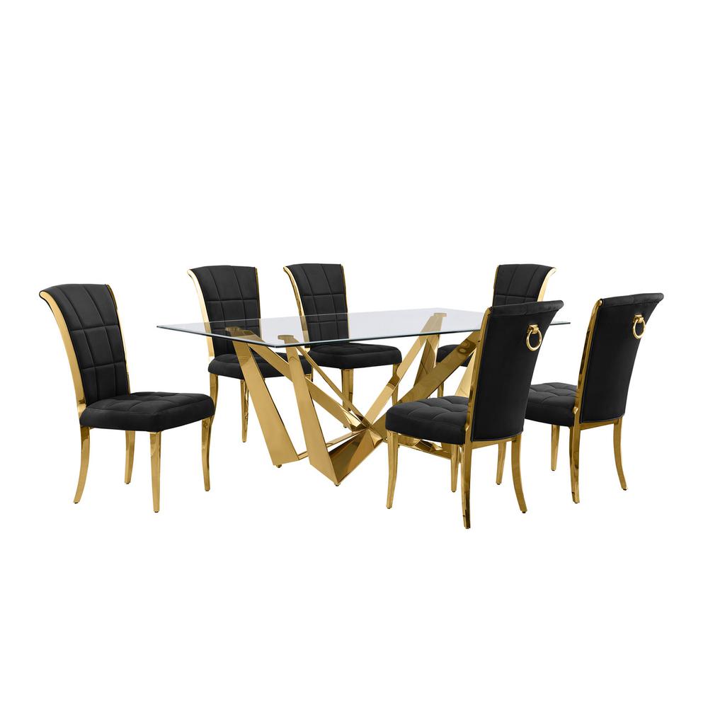 7pc Small(78") glass dining set with gold base and 6 Black side chairs. Picture 1