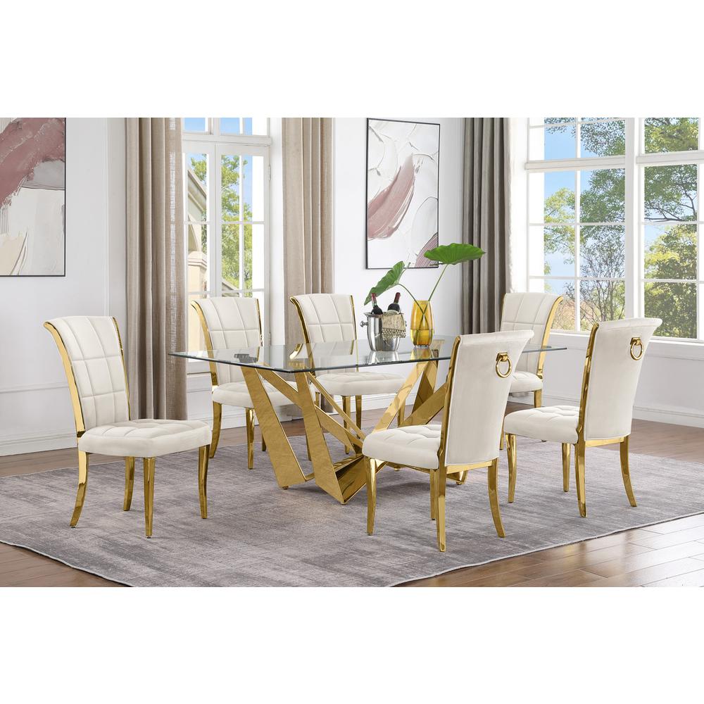 7pc Small(78") glass dining set with gold base and 6 Cream side chairs. Picture 4