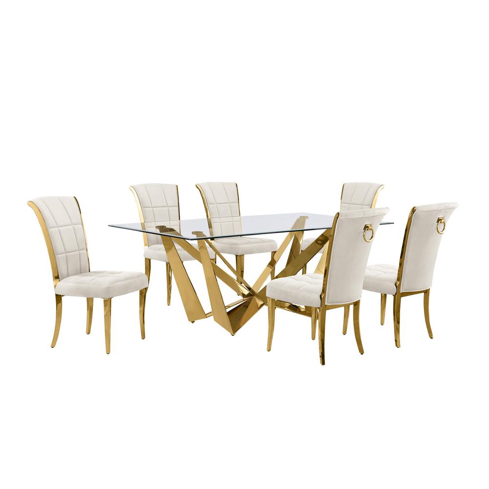 7pc Small(78") glass dining set with gold base and 6 Cream side chairs. Picture 1