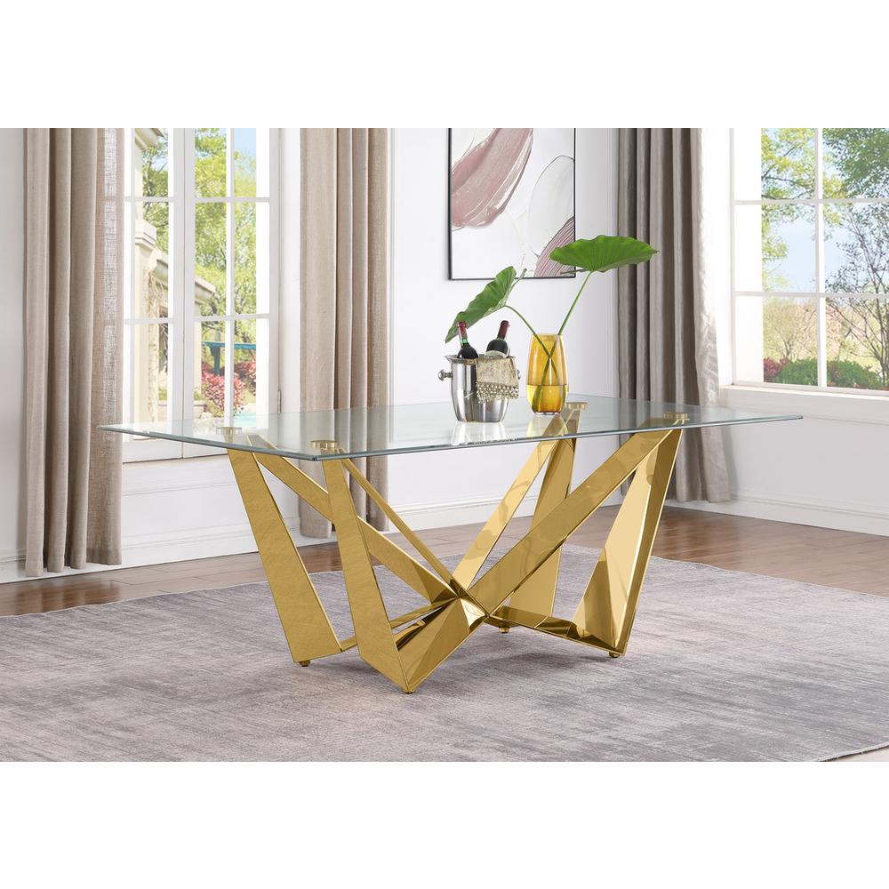 Small 78" Rectangular glass dining table with a gold color stainless steel base. Picture 2