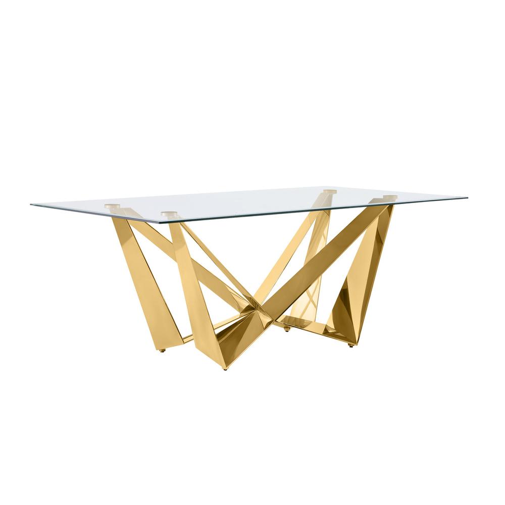 Small 78" Rectangular glass dining table with a gold color stainless steel base. Picture 1