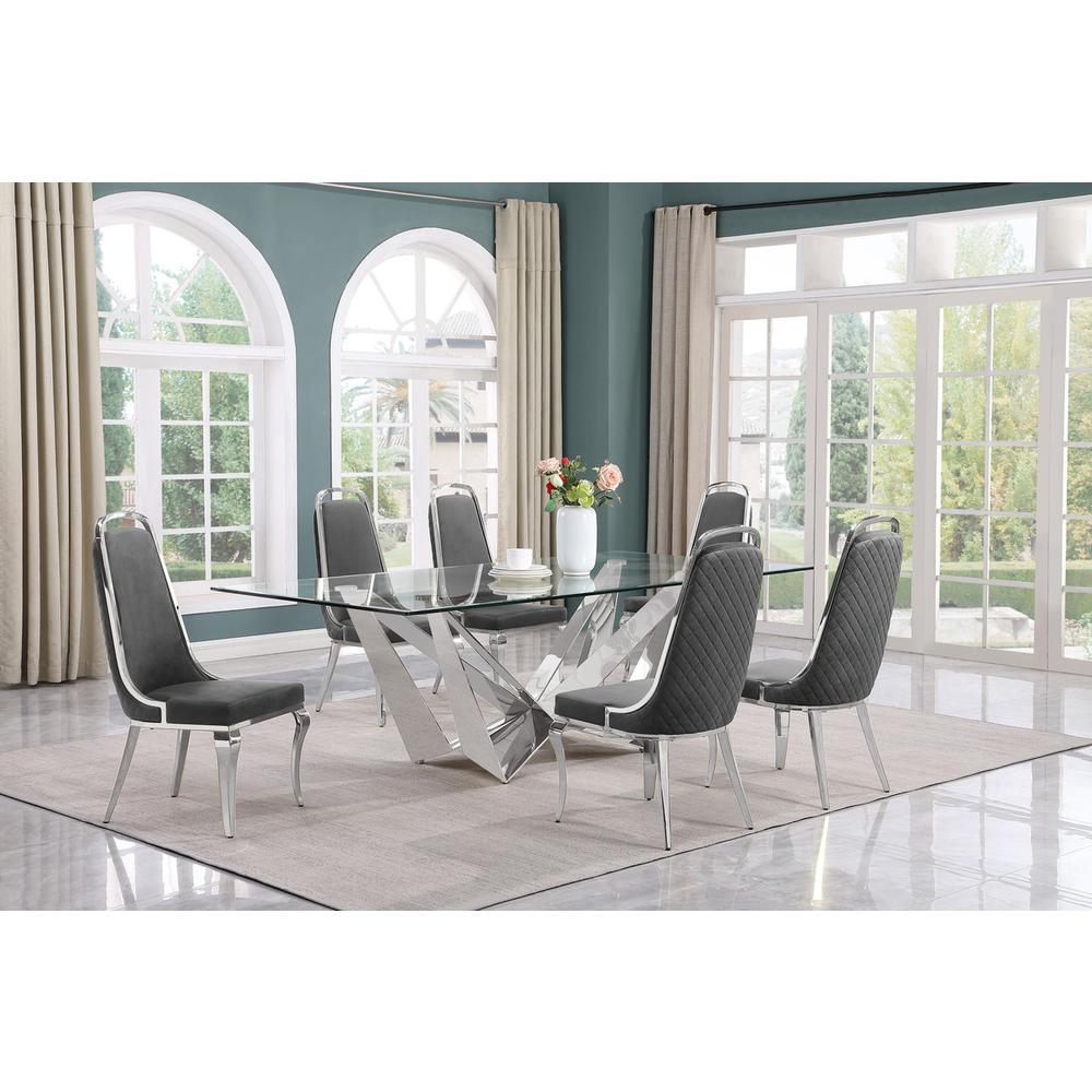7pc Large(94") glass top dining set with silver base and 6 Dark grey side chairs. Picture 4