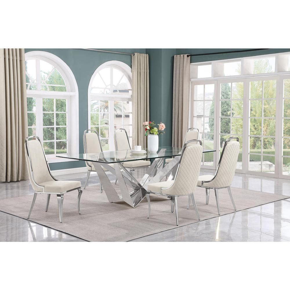 7pc Large(94") glass top dining set with silver base and 6 Cream side chairs. Picture 4